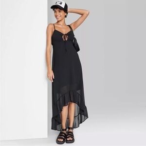 Wild fable-M-black-straps, Midi ruffled high low hem sweatheart neckline dress